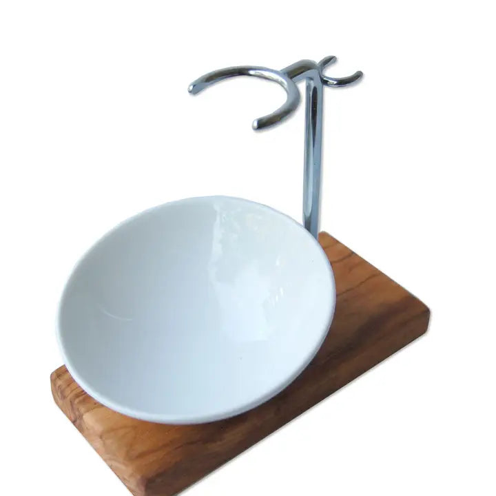 Shave Stand- Olive wood Shave stand with porcelain tilted bowl Anthro Apothecary