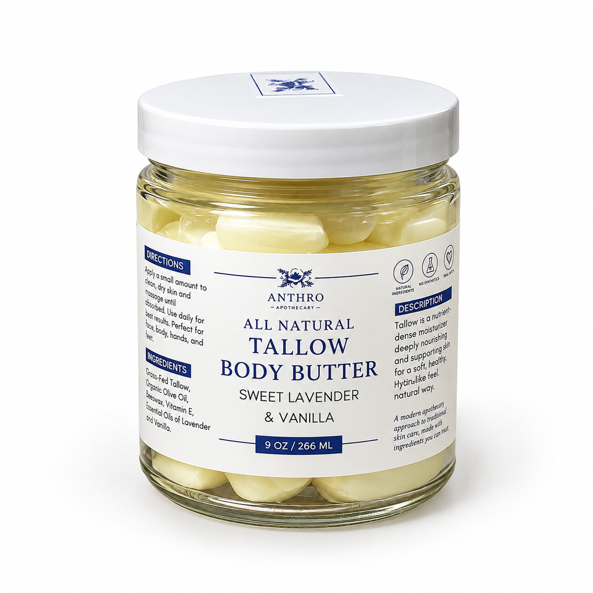 Tallow Body Butter – Grass-Fed, Noncomedogenic | Lavender Vanilla or Unscented | Anthro Apothecary