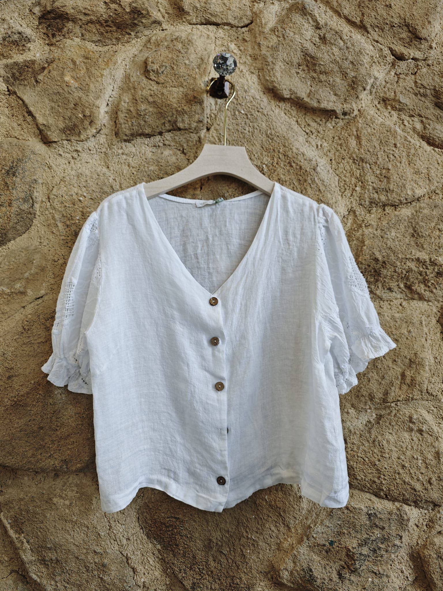 Italian Linen Blouse w/Embroidered Sleeves Blank Linen & More