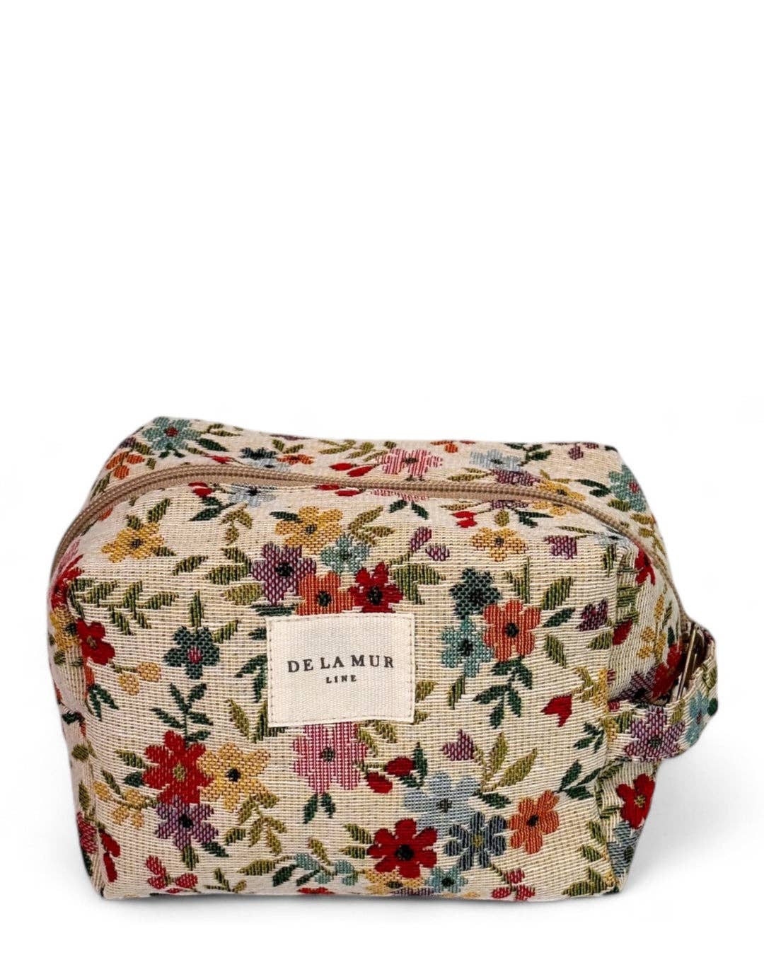 Floral Jacquard Square Makeup Bag – Beige Zip Pouch