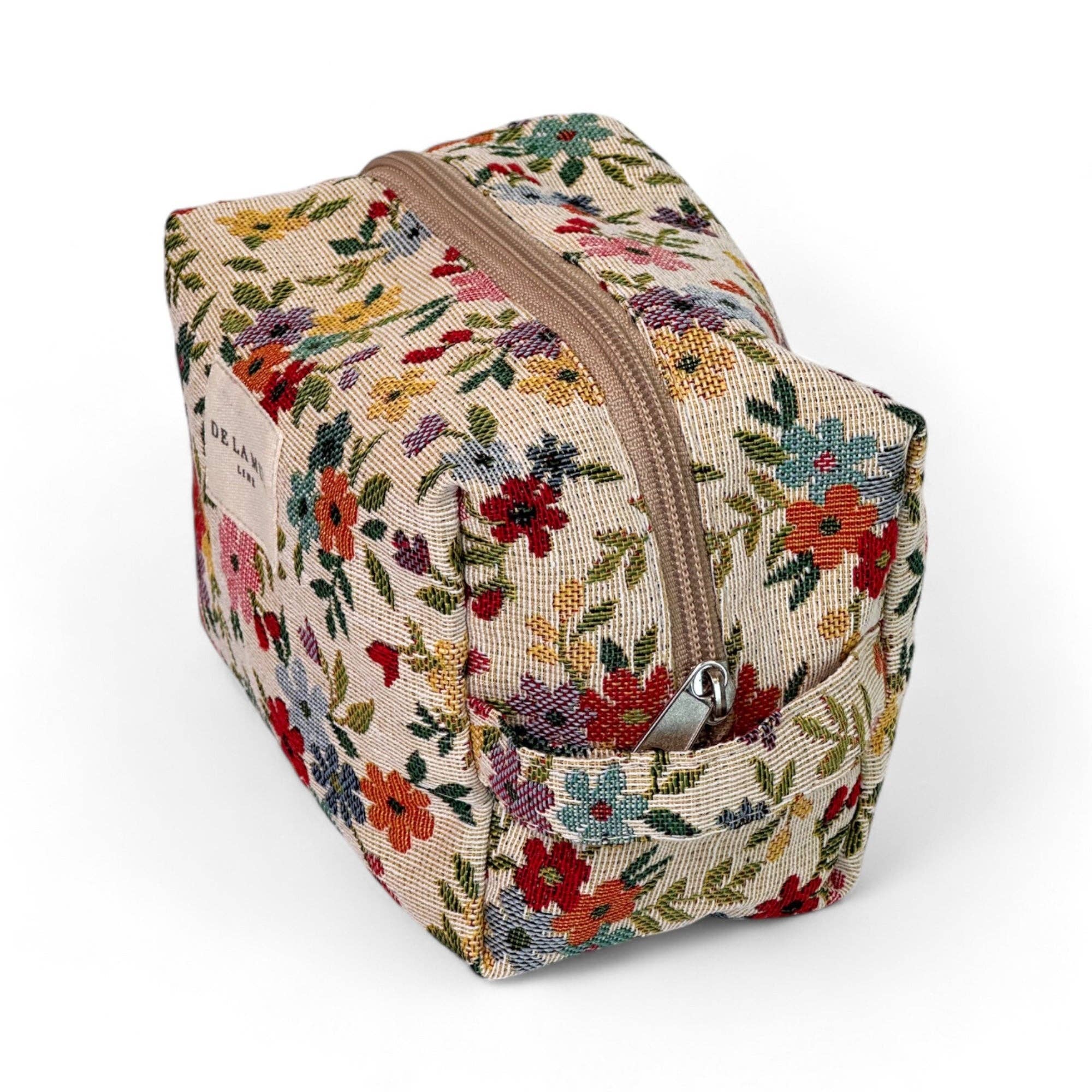 Floral Jacquard Square Makeup Bag – Beige Zip Pouch