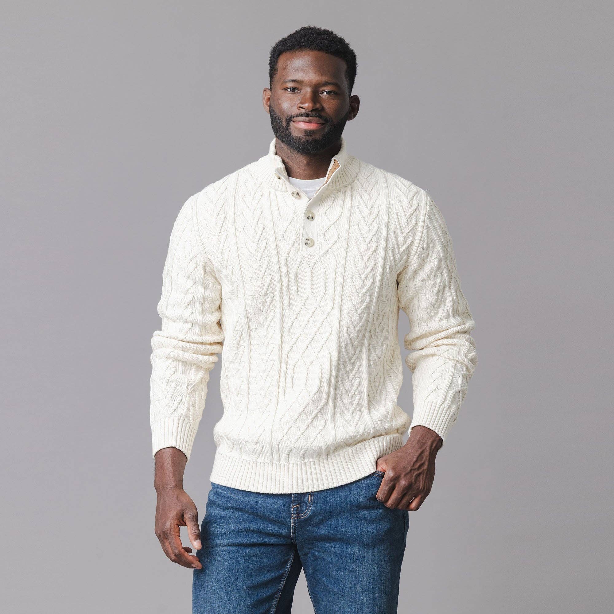 Men's 100% Organic Cotton Mock Neck Cable Knit Sweater | GOTS Certified Hope and Henry