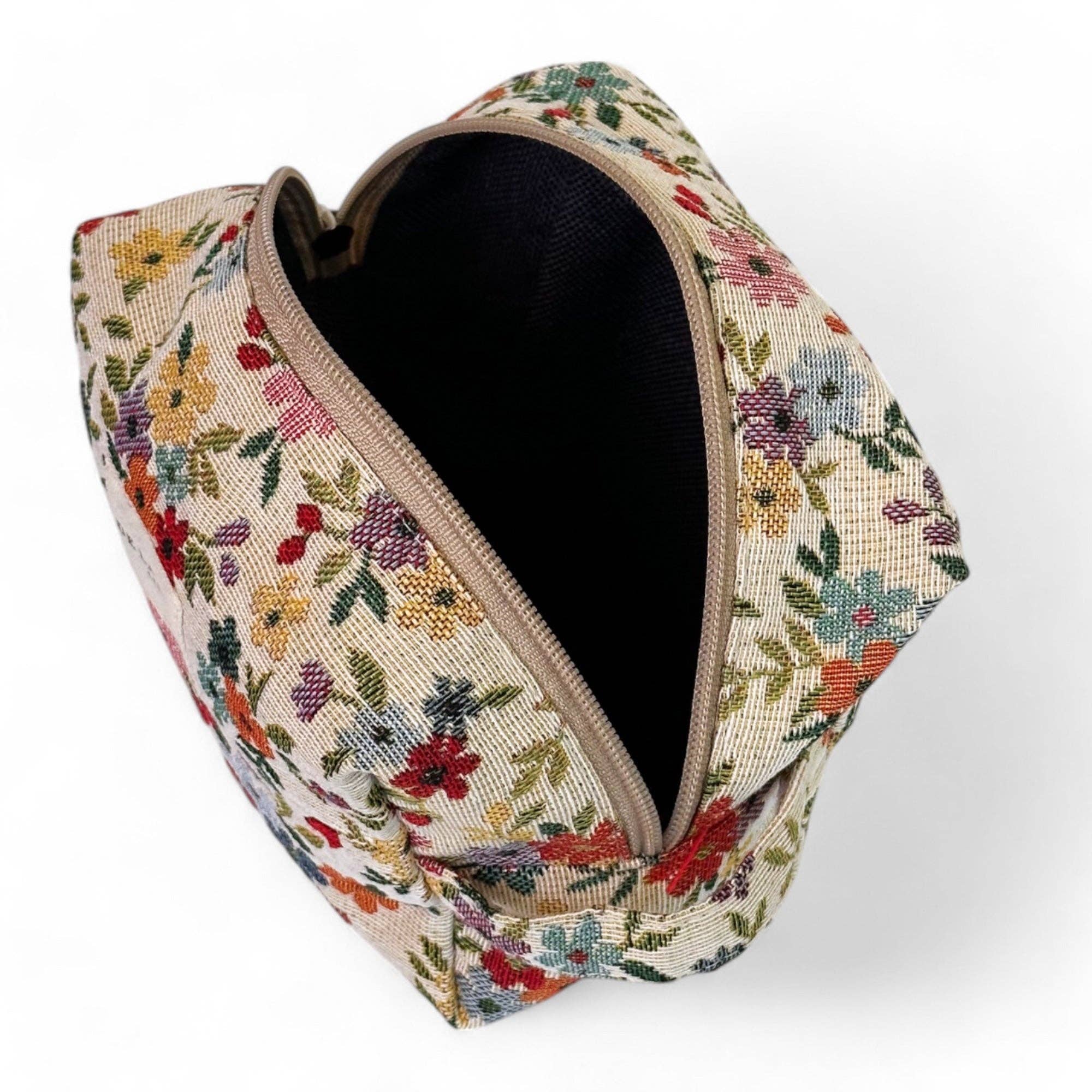 Floral Jacquard Square Makeup Bag – Beige Zip Pouch