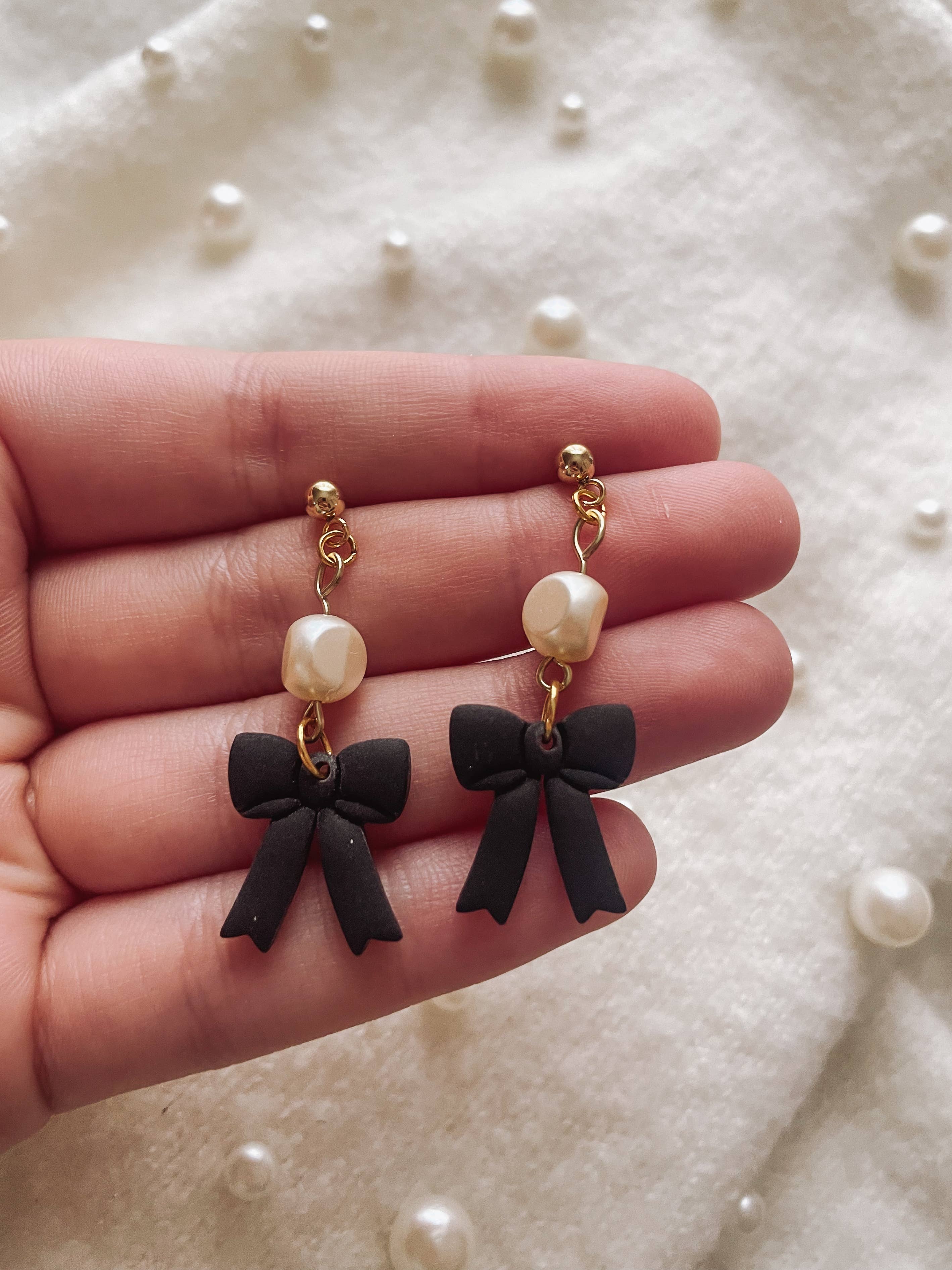 Black Bow Earrings with Pearls - Placed by Grace Placed by Grace