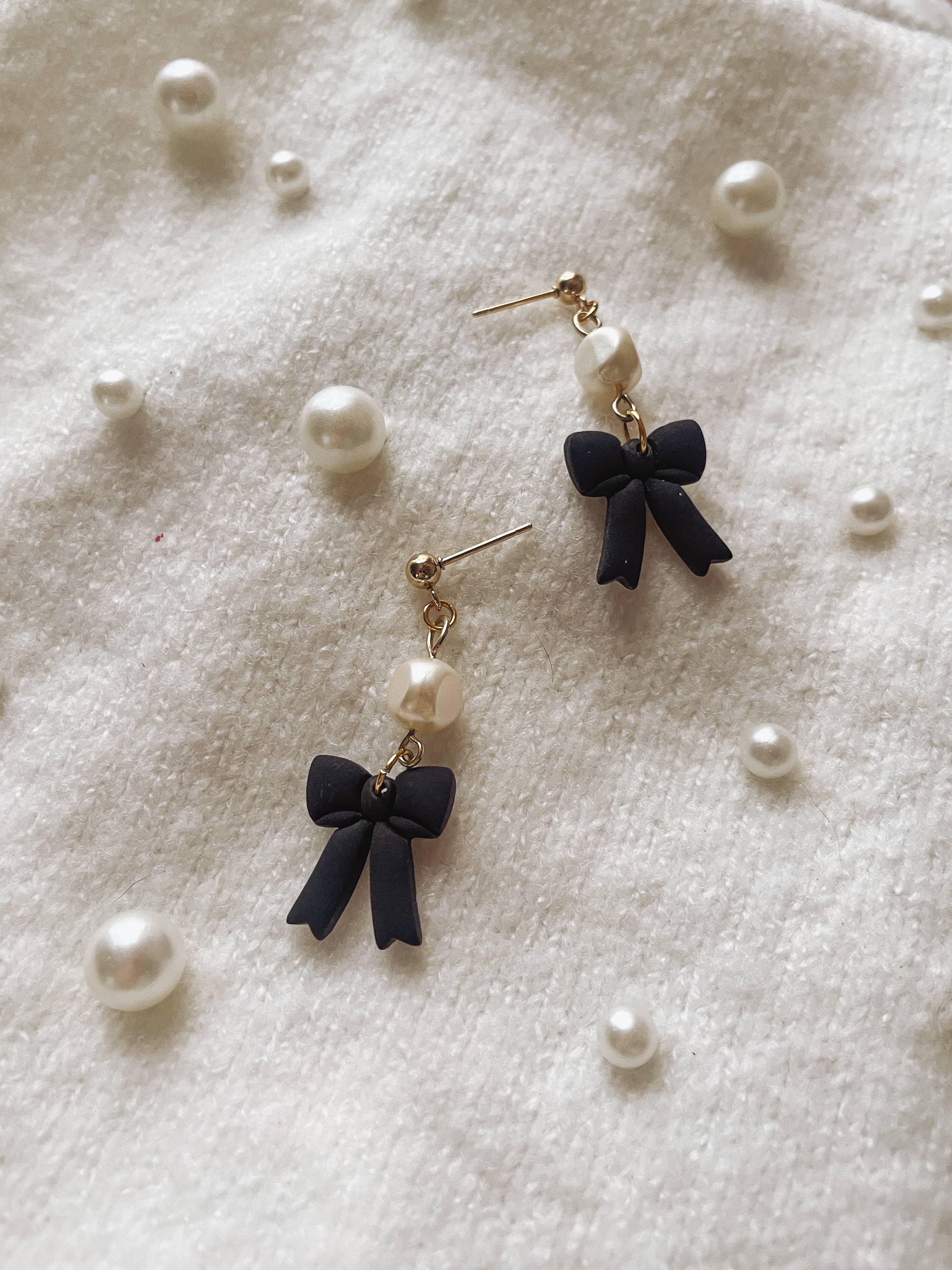 Black Bow Earrings with Pearls - Placed by Grace Placed by Grace