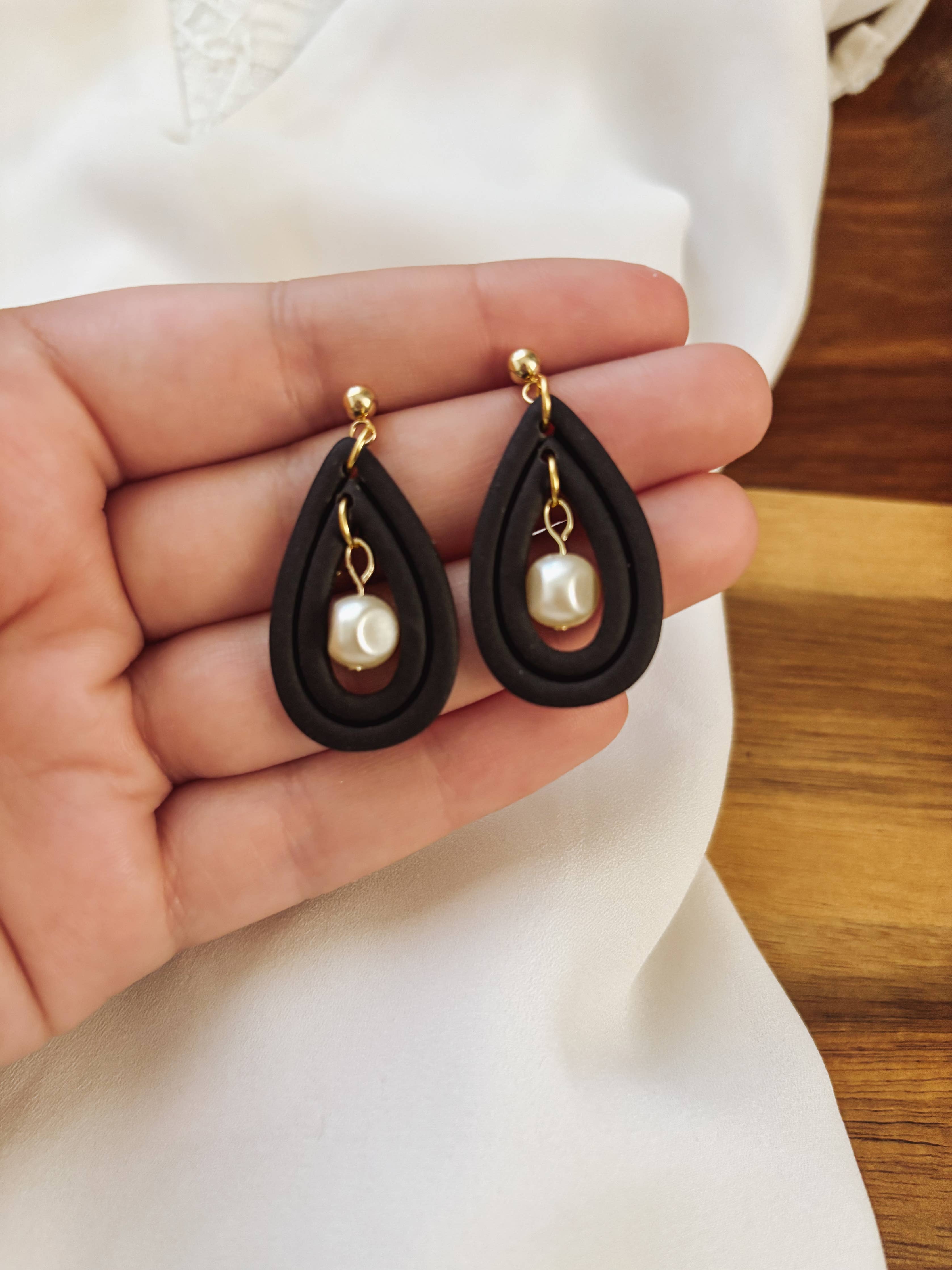 Textured Clay Teardrop Earrings with Pearls - Placed by Grace