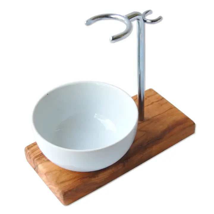 Olive Wood Shave Stand with Bowl | Artisan Wet Shaving Set Shave stand w porcelain round bowl Anthro Apothecary