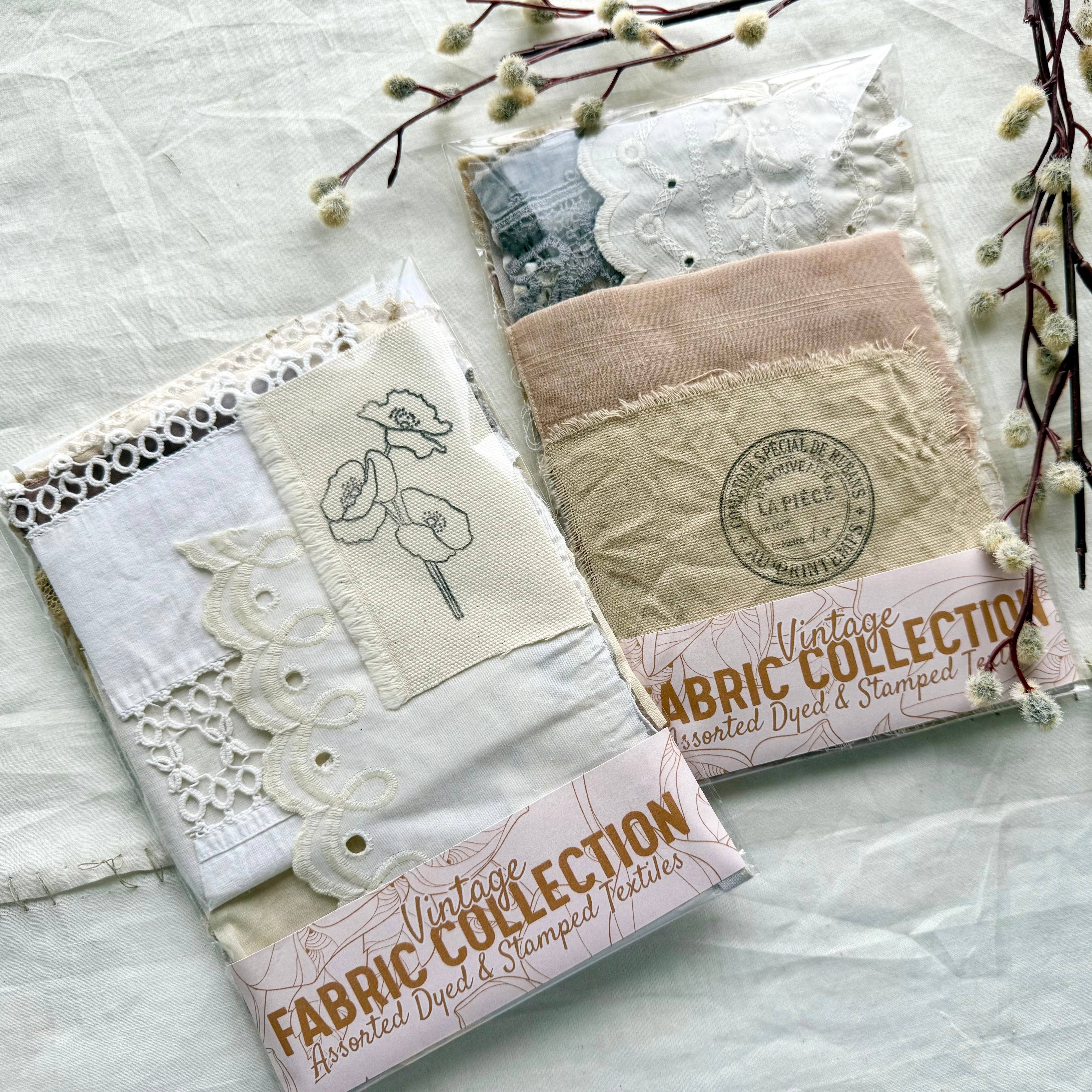 Dyed & Stamped Fabric Pack | Vintage Textile Ephemera | Junk Journal & Collage Supplies A House of Books