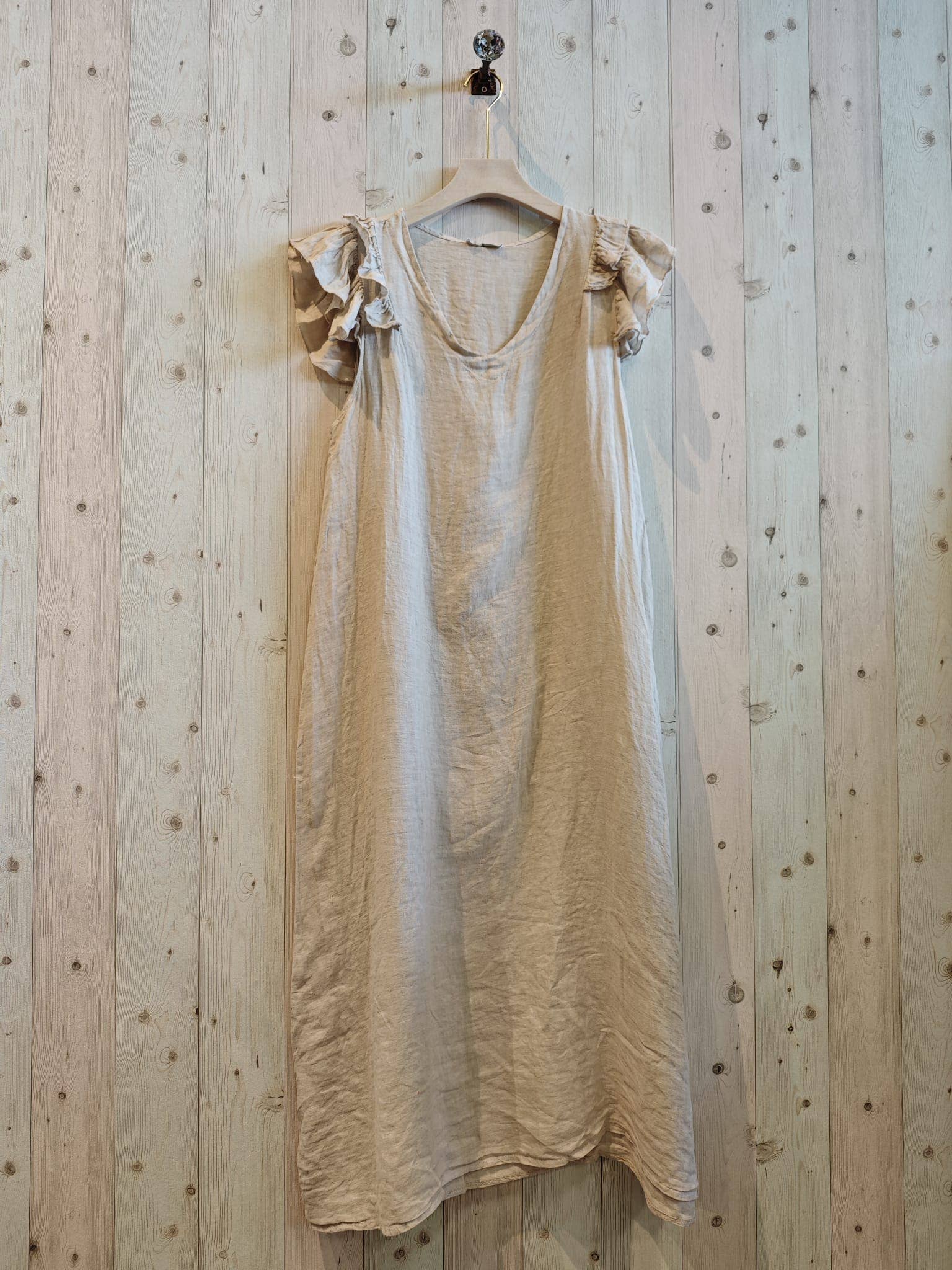 Italian Linen Dress- Ruffle sleeve Beige Linen & More