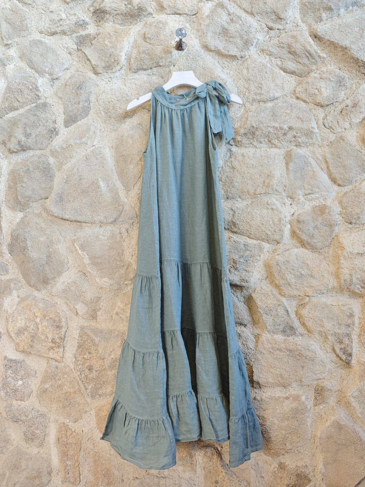 Italian Linen Dress- Neck Tie kaqui Linen & More