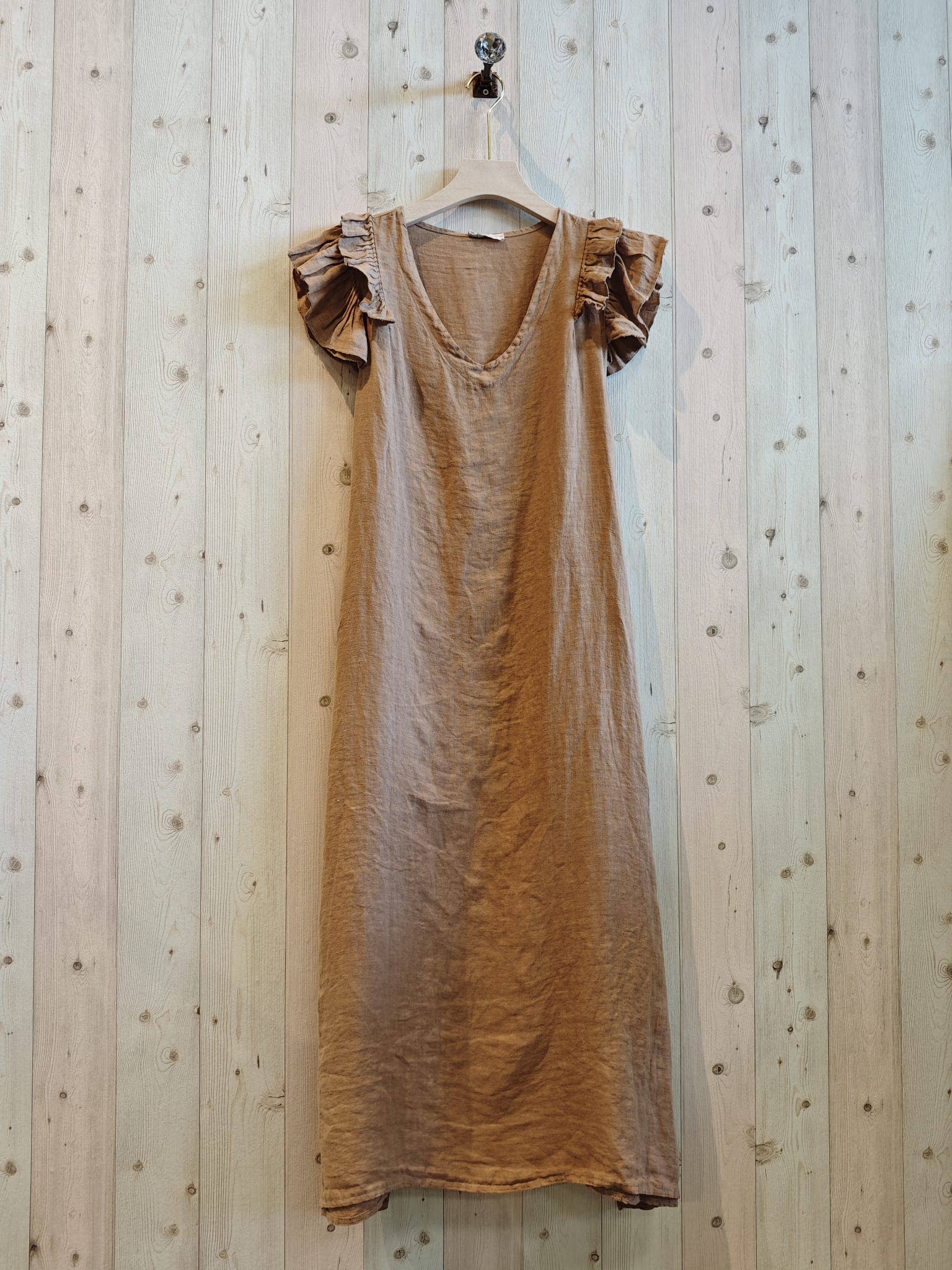 Italian Linen Dress- Ruffle sleeve Camel Linen & More