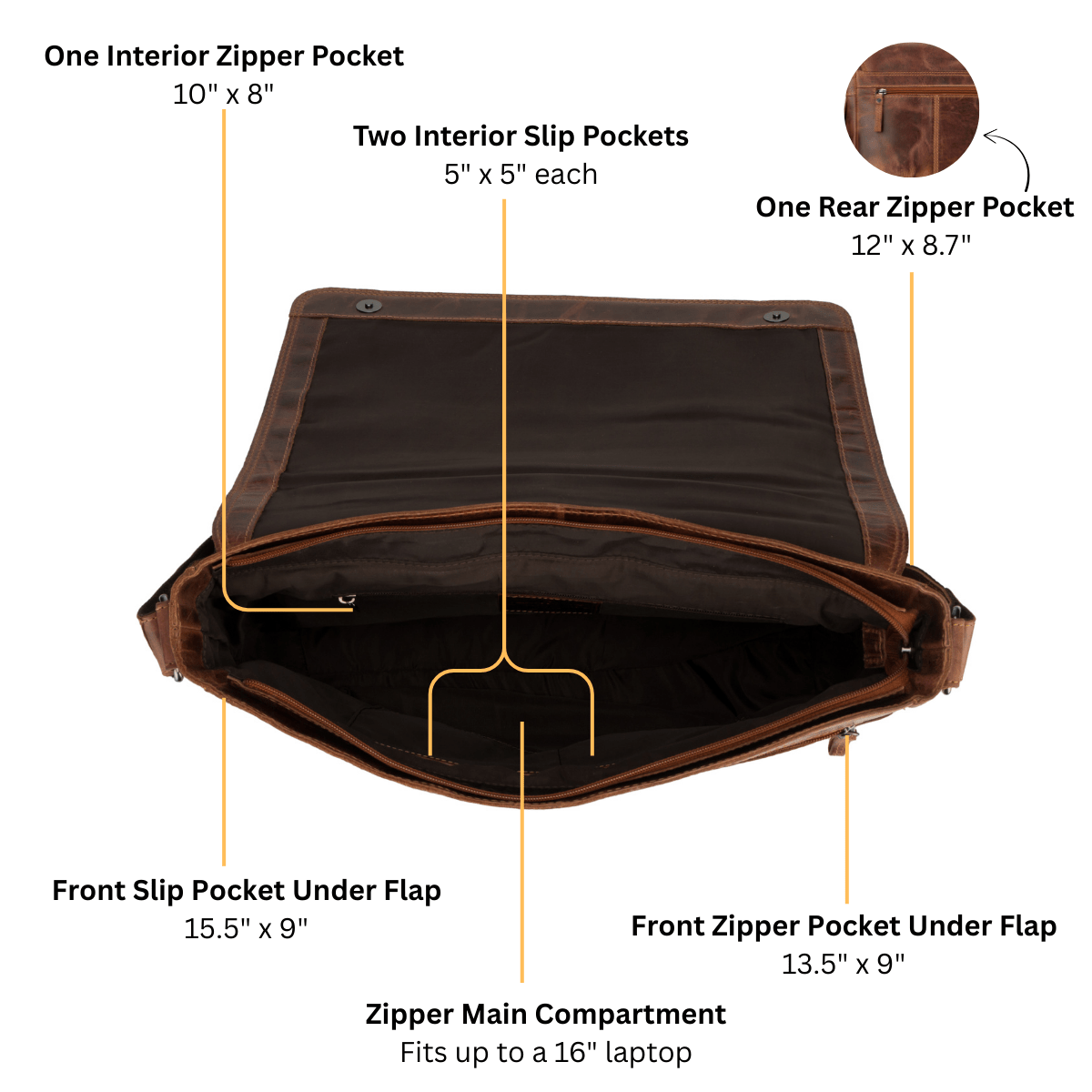 Richmond Full-Grain Leather Laptop Bag | 16" Messenger Bag for Men | Chestnut Minori Leather