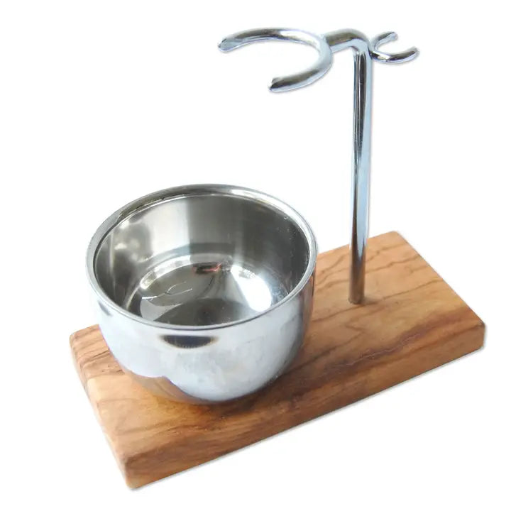 Olive Wood Shave Stand with Bowl | Artisan Wet Shaving Set Shave stand with stainless steel bowl Anthro Apothecary