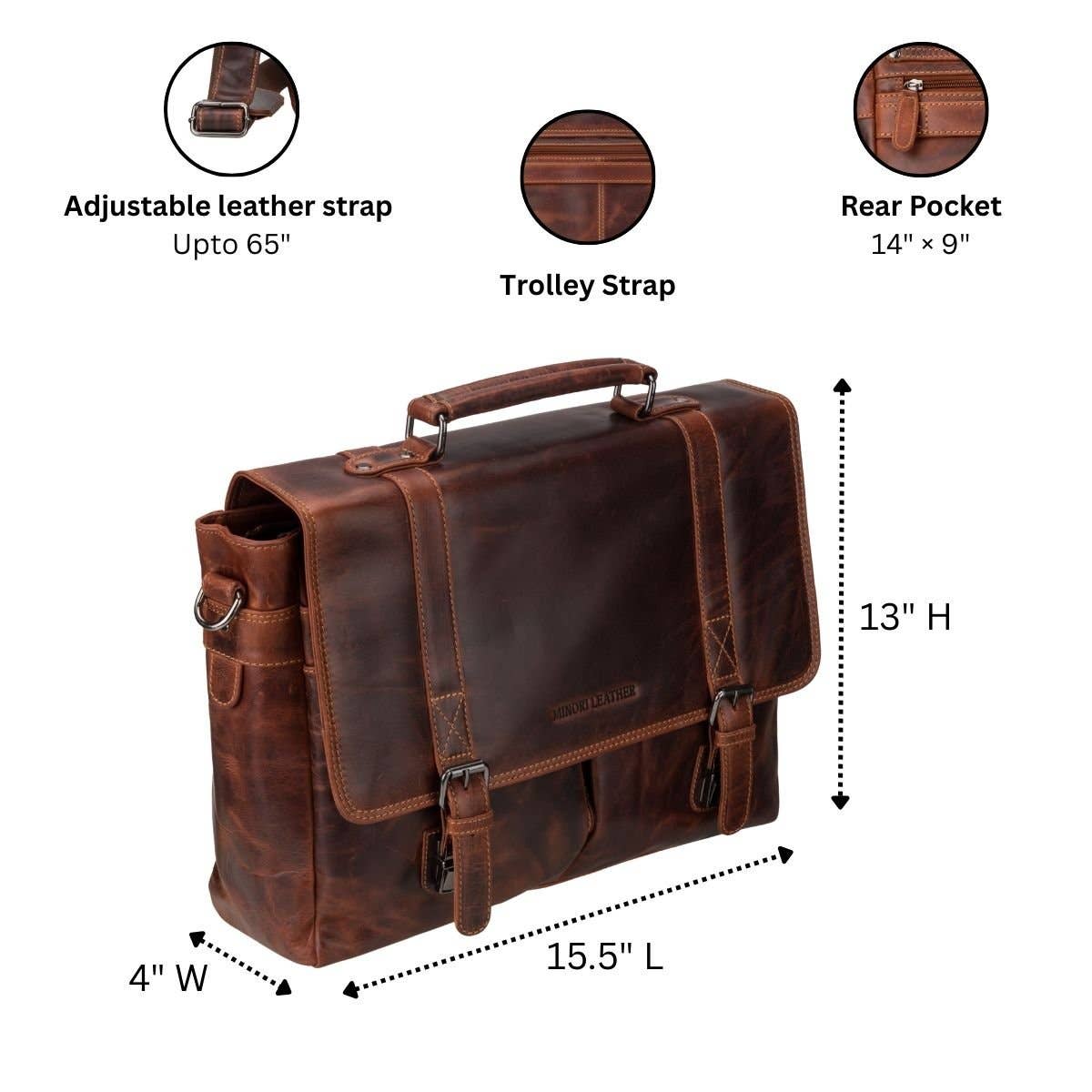 Boston Full-Grain Leather Briefcase Bag | 16" Laptop Bag Minori Leather