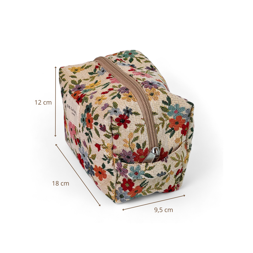 Floral Jacquard Square Makeup Bag – Beige Zip Pouch