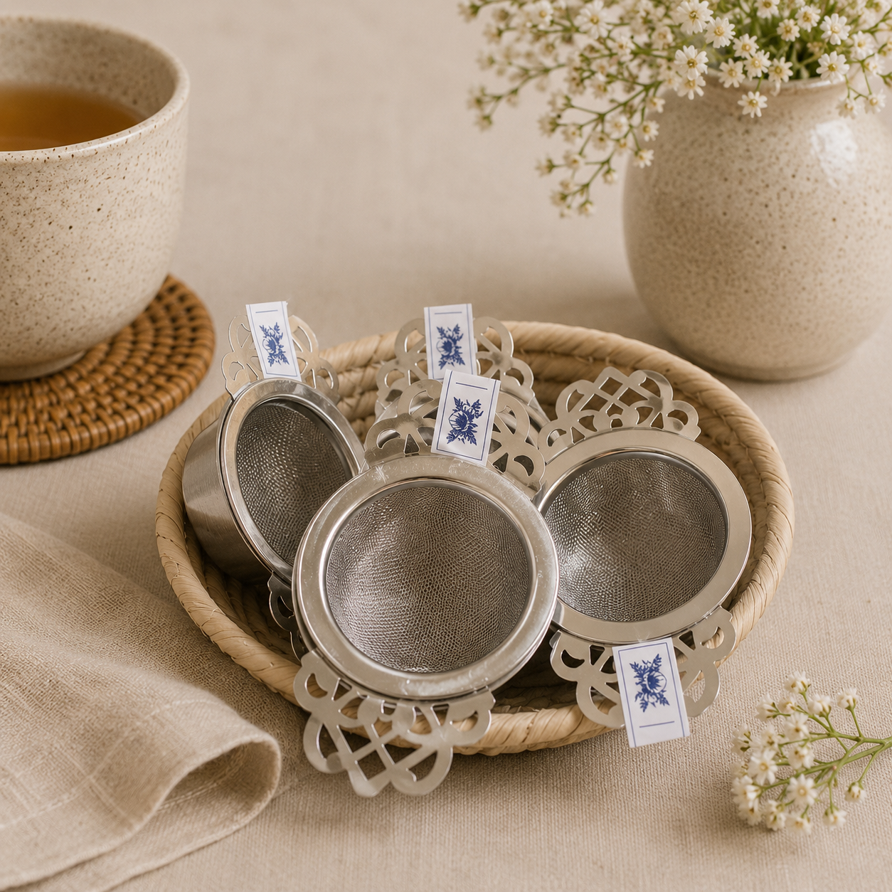 Tea strainer with drip bowl