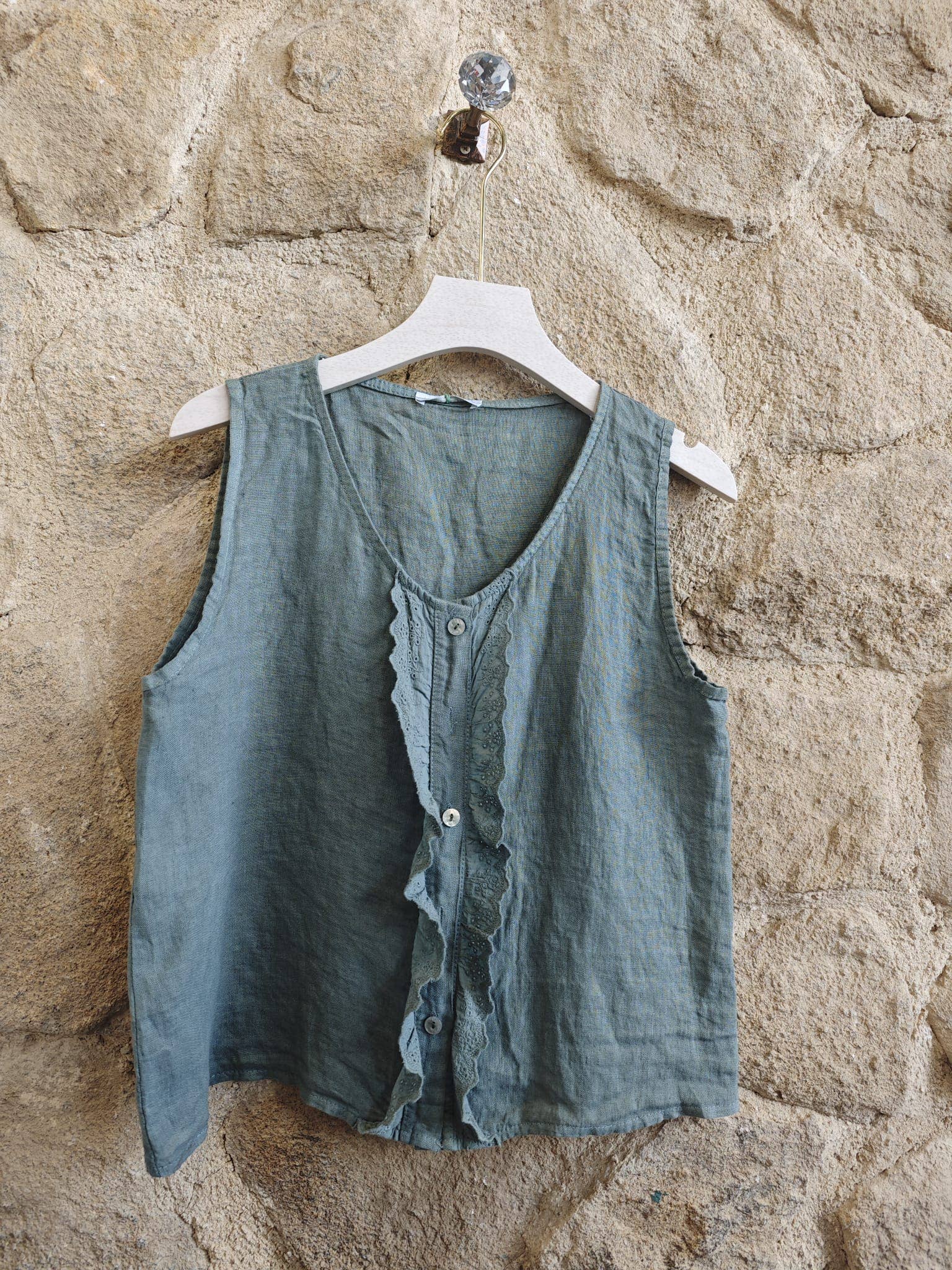 Italian Linen Ruffled Sleeveless Blouse Khaki Linen & More