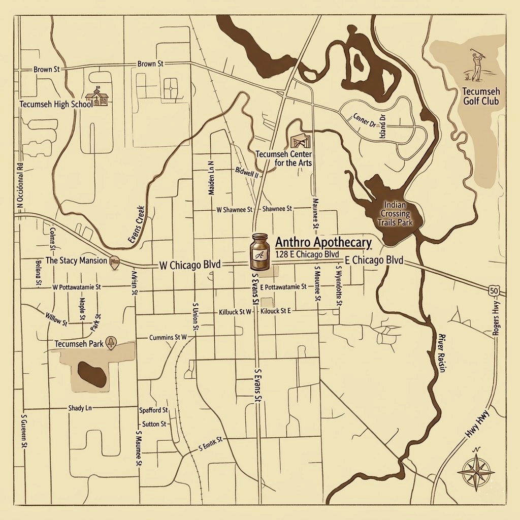 Vintage-style map of a small town with labeled locations and roads.
