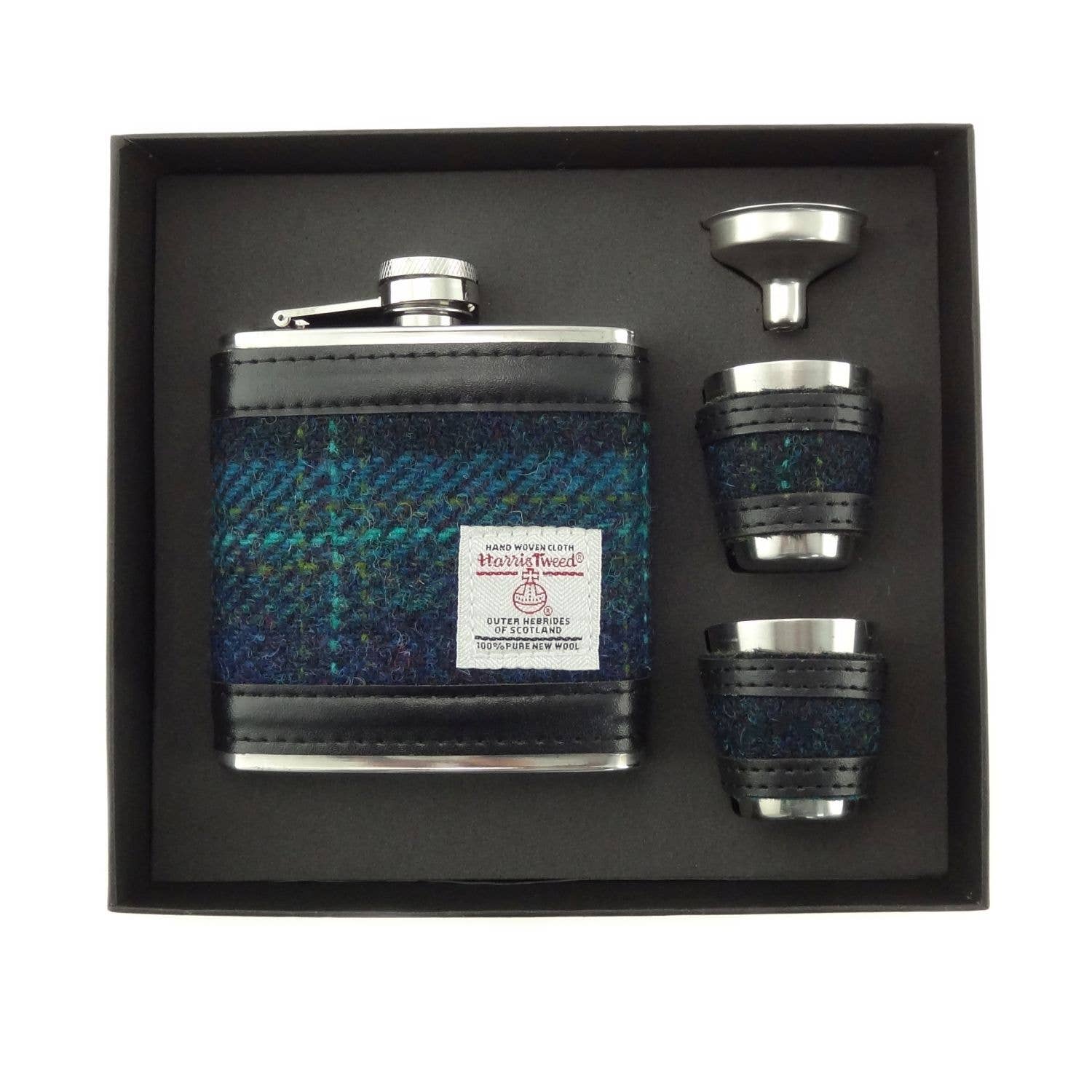 Harris Tweed 6oz Hip Flask Gift Set with Funnel & 2 Cups | Gift Set