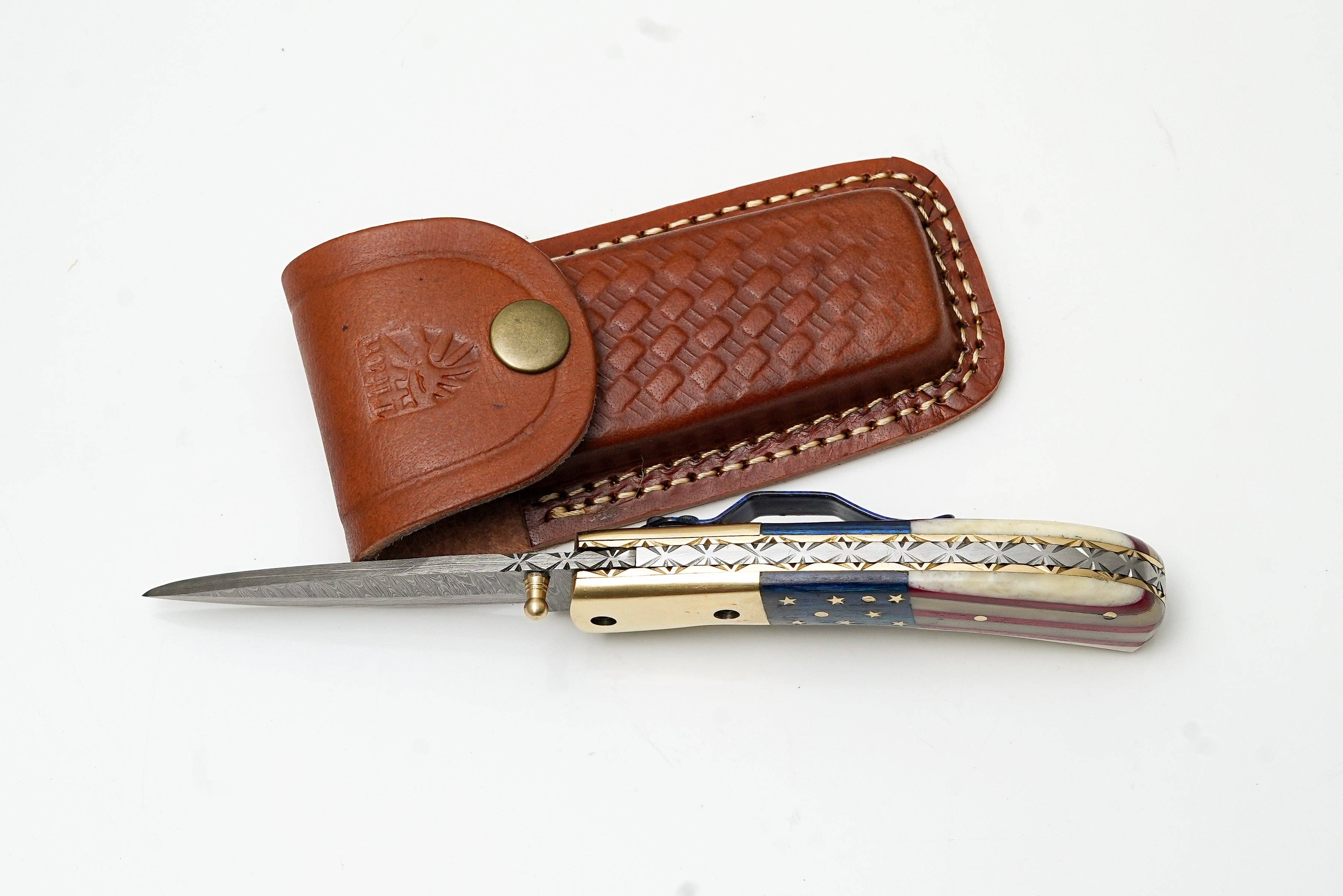 Patriotic American Flag Folding Knife | Hand-Forged Damascus Steel | Custom Blue Pocket Clip Edition TK-475
