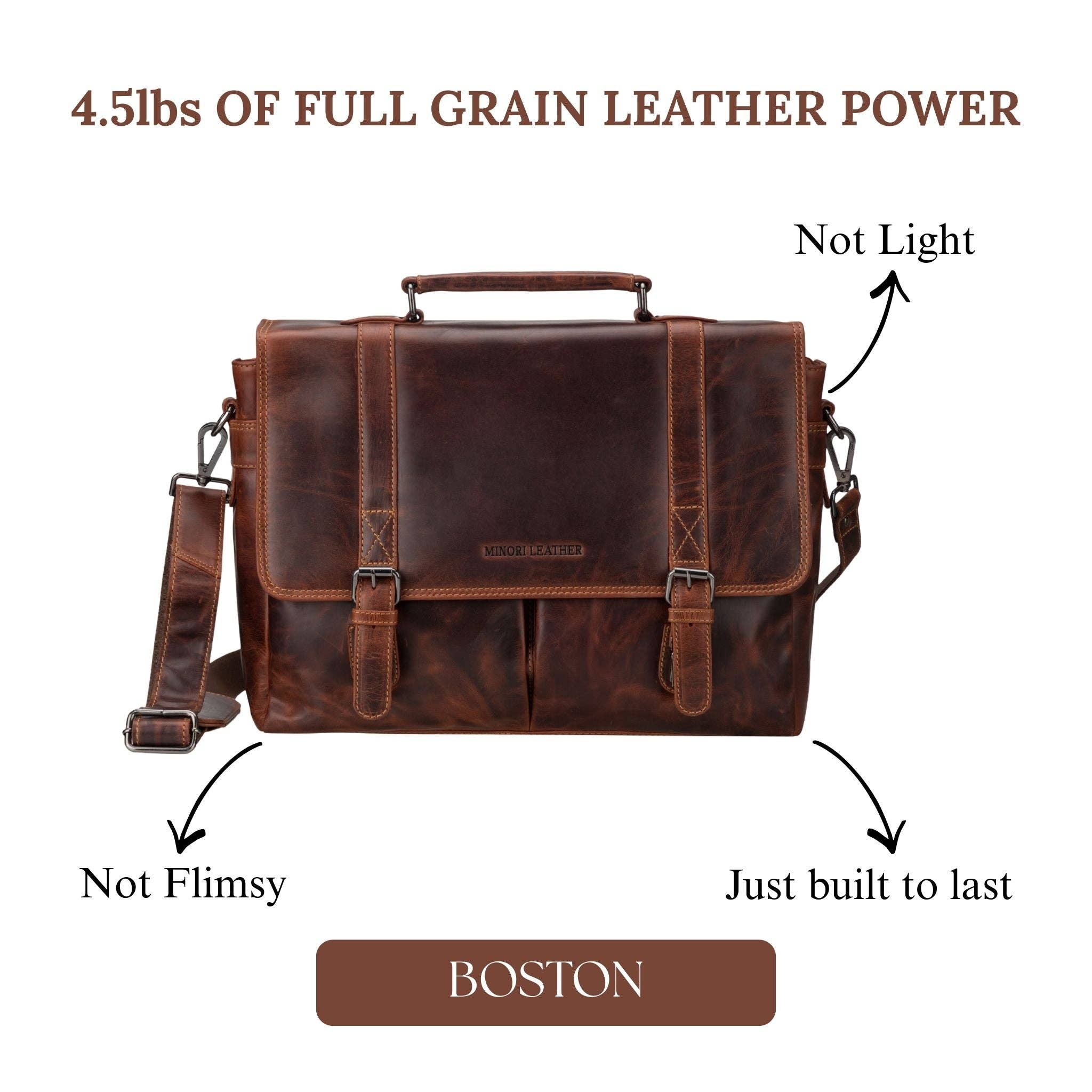 Boston Full-Grain Leather Briefcase Bag | 16" Laptop Bag Minori Leather