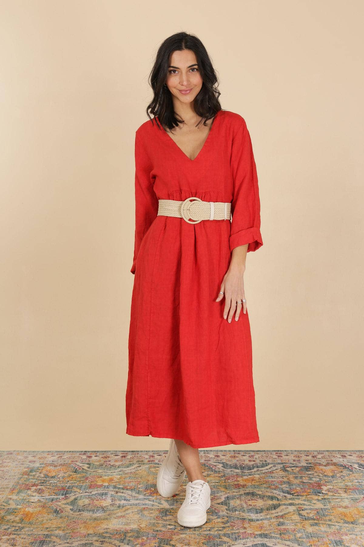 Italian Linen Dress- 3/4 Sleeve, V-neck