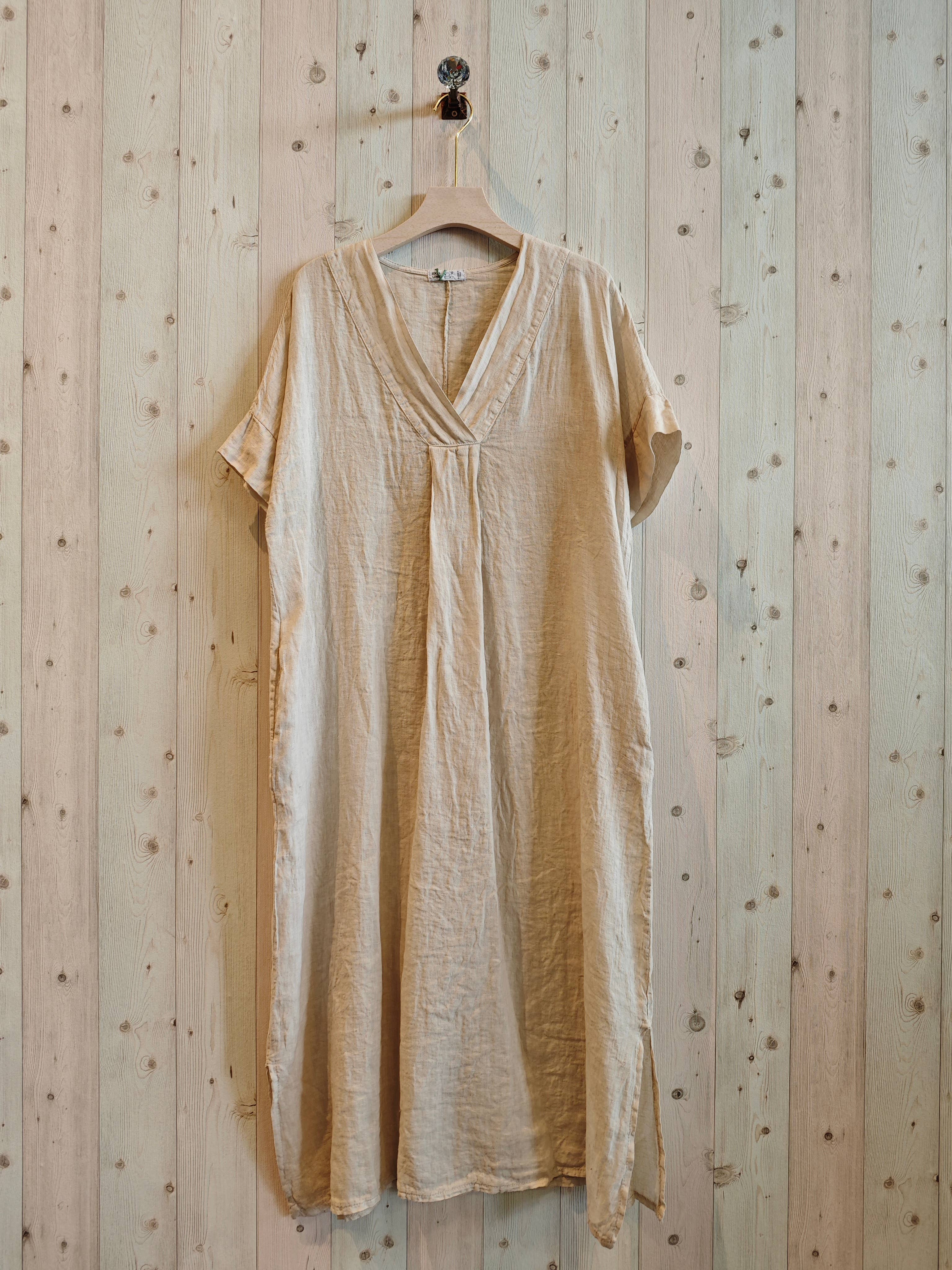 Italian Linen Dress- V neck short sleeve Beige Linen & More