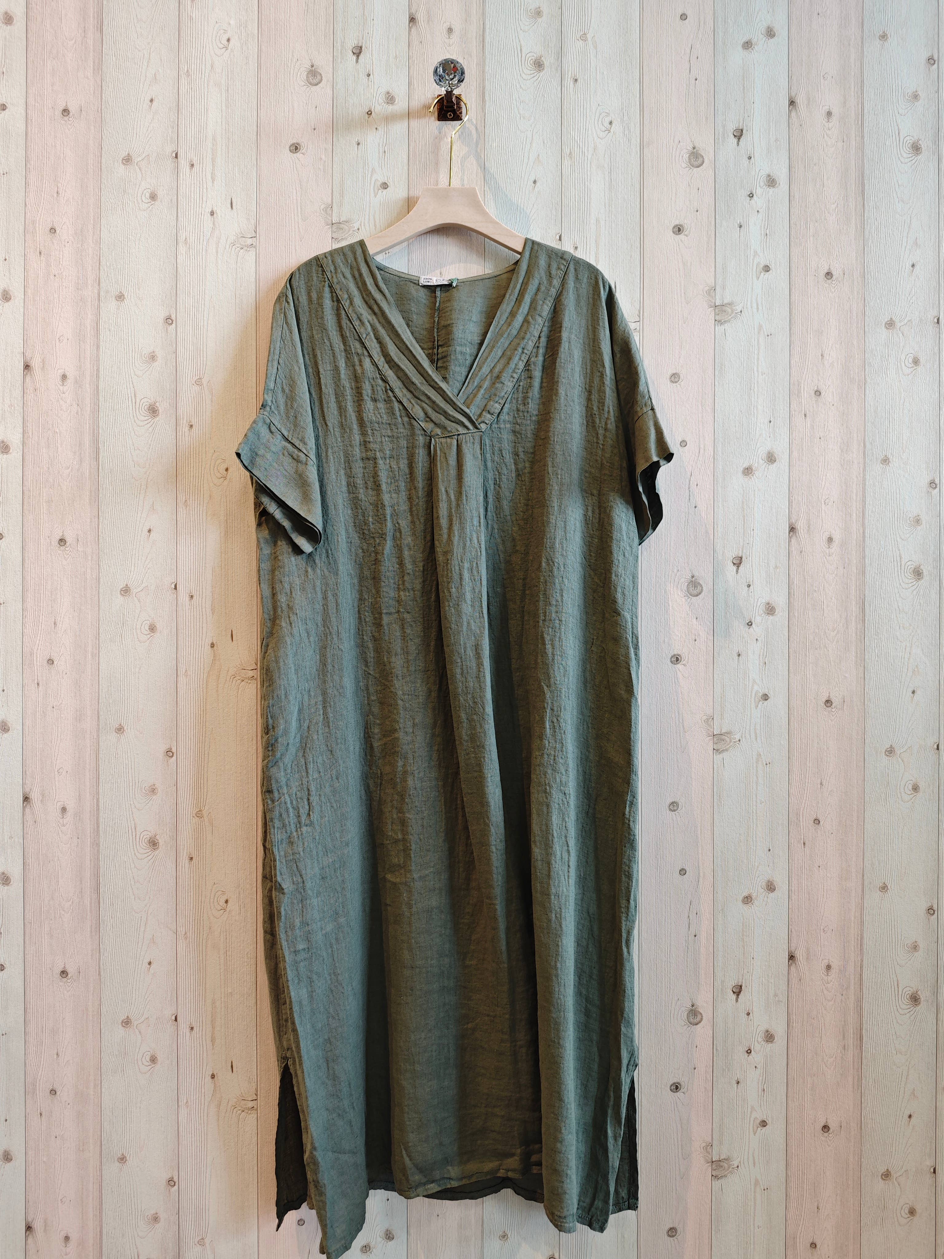 Italian Linen Dress- V neck short sleeve KAKY Linen & More