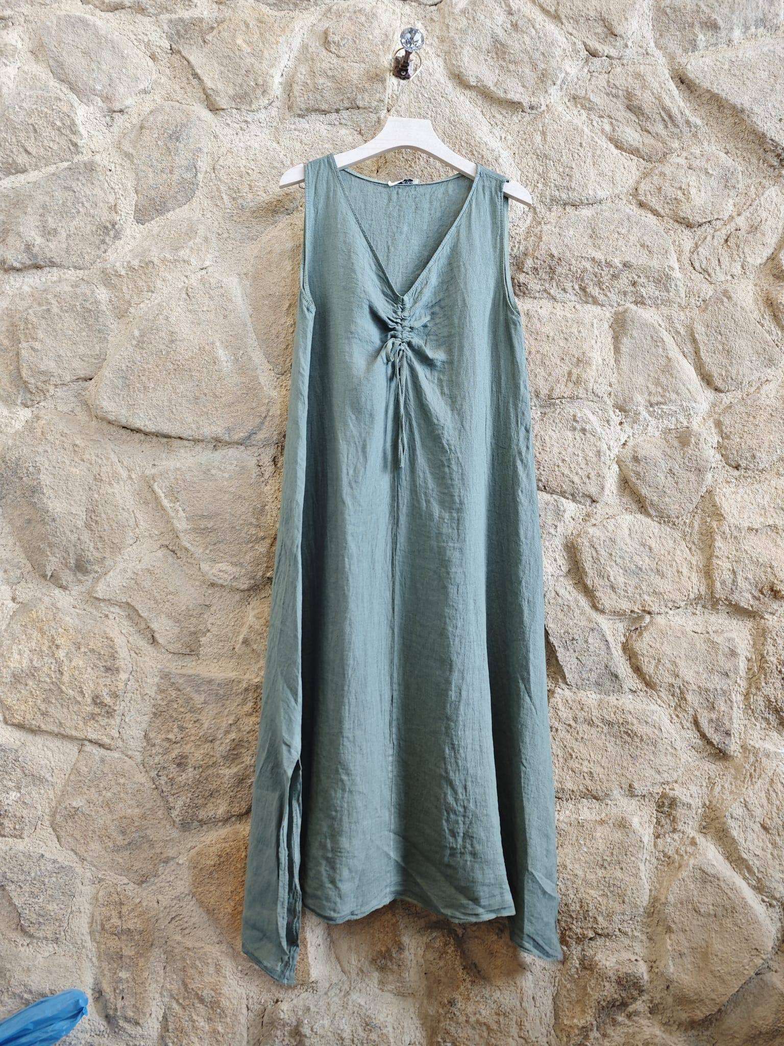 Italian Linen Dress- Sleeveless khaki Linen & More